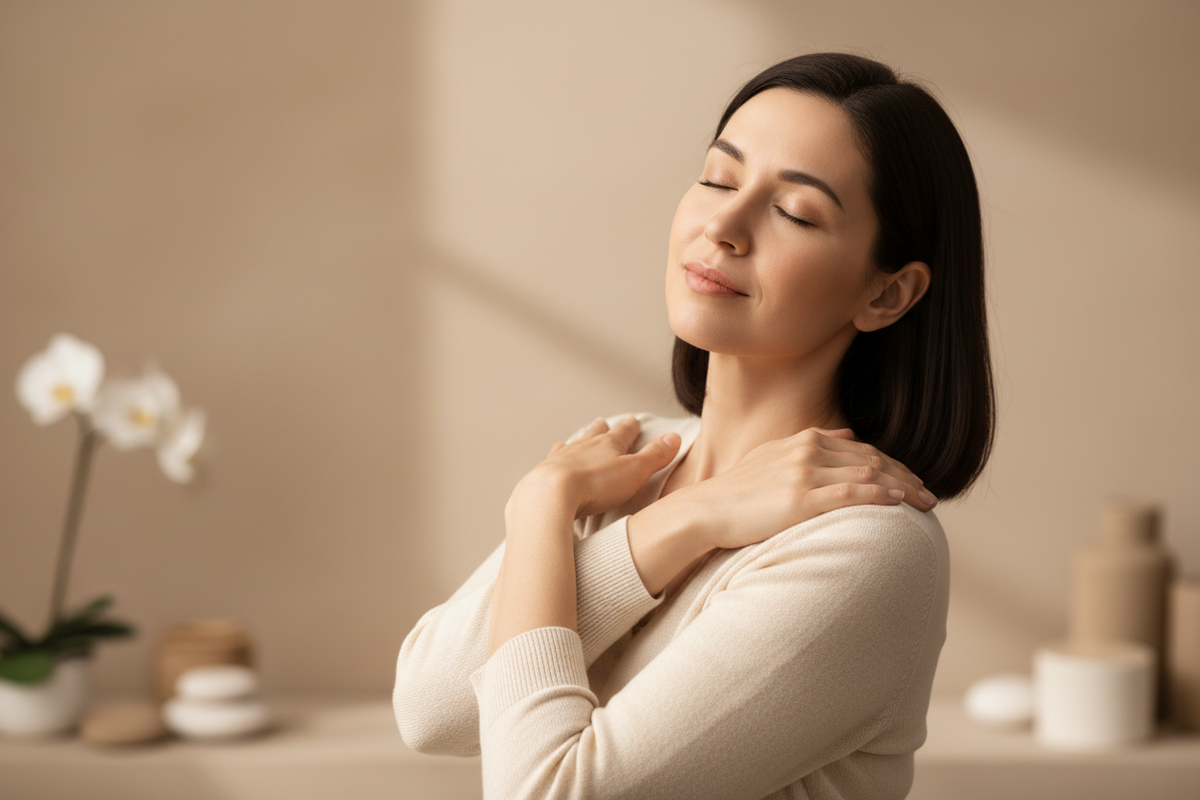 A calm, high-end wellness lifestyle image of a relaxed adult gently touching their shoulders or upper back, neutral facial expression, soft natural lighting, minimal background, warm beige and neutral tones, premium spa aesthetic, non-medical, no pain expression, modern and clean composition
