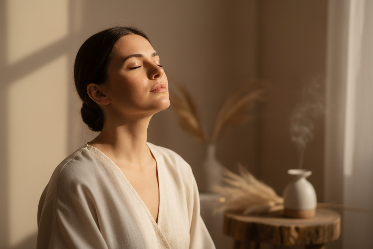 A peaceful wellness portrait of a person with eyes closed, relaxed breathing, soft sunlight, calm facial expression, minimal background, warm neutral colors, holistic healing atmosphere, luxury wellness brand style
