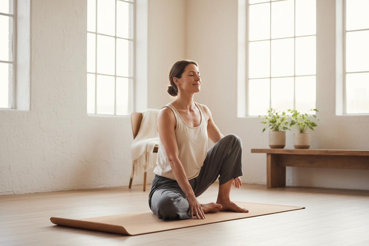A serene lifestyle image of an active individual stretching or doing light yoga after exercise, relaxed posture, clean and minimal environment, soft daylight, neutral and earthy color palette, wellness-focused, recovery-oriented, no gym clutter, elegant and calm mood
